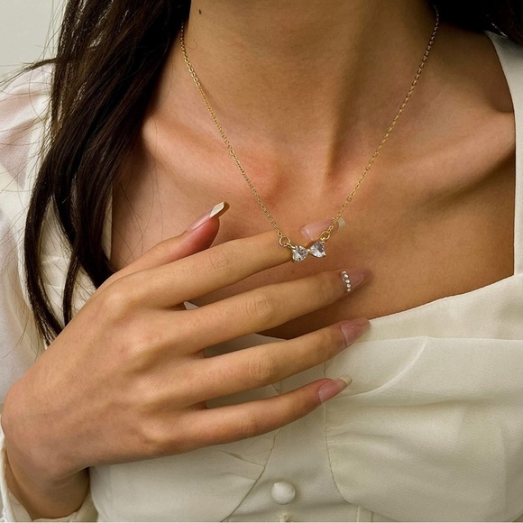 Gold 14k Gold Plated CZ BowKnot Chain Necklace - Picture 3 of 3